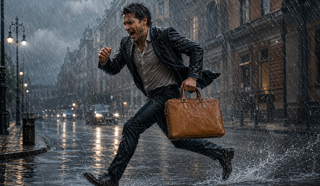大雨でずぶ濡れになったヌメ革バッグを持って走る男性