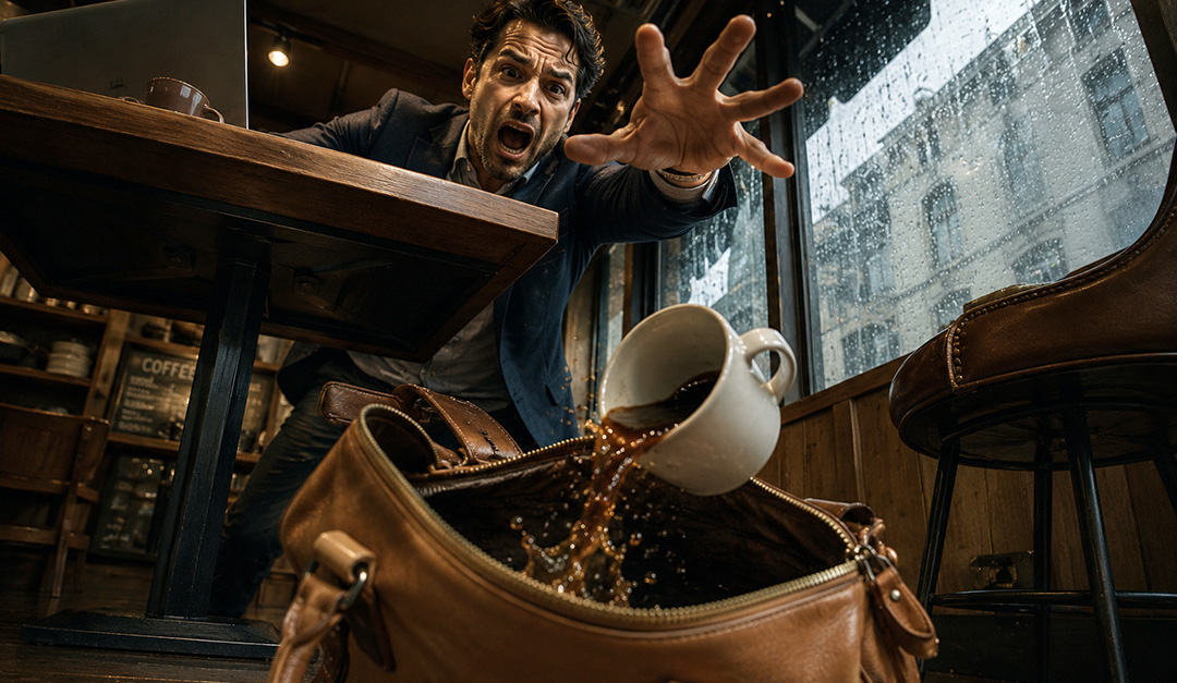 レザーバッグの中にコーヒーをこぼしてしまったイメージ