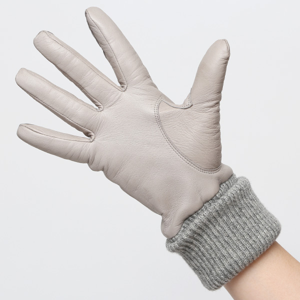  日本製 手袋 レディース ブランド カシミア 100％ レザー グローブ ニットリブ 防寒 カシミヤ グレー グレイ 灰色 イタリーラム 上質 羊革 皮 女性 上品 婦人 プレゼント 化粧箱付き 国産 KURODA(クロダ)