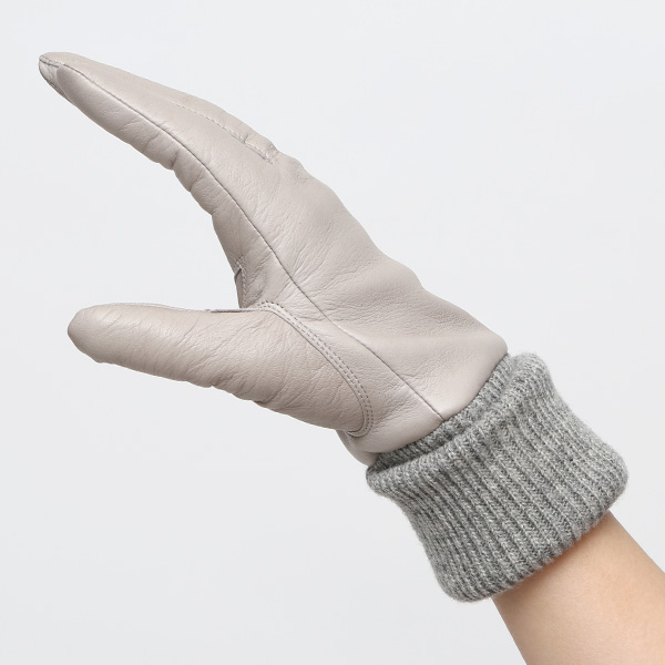  日本製 手袋 レディース ブランド カシミア 100％ レザー グローブ ニットリブ 防寒 カシミヤ グレー グレイ 灰色 イタリーラム 上質 羊革 皮 女性 上品 婦人 プレゼント 化粧箱付き 国産 KURODA(クロダ)