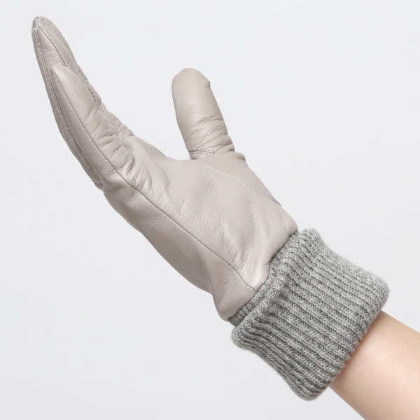  日本製 手袋 レディース ブランド カシミア 100％ レザー グローブ ニットリブ 防寒 カシミヤ グレー グレイ 灰色 イタリーラム 上質 羊革 皮 女性 上品 婦人 プレゼント 化粧箱付き 国産 KURODA(クロダ)