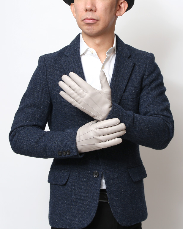 手袋 メンズ カシミヤ裏地 イタリア製仔羊革 国産 グレー グレイ 灰色 本革 レザー グローブ 防寒 KURODA(クロダ)