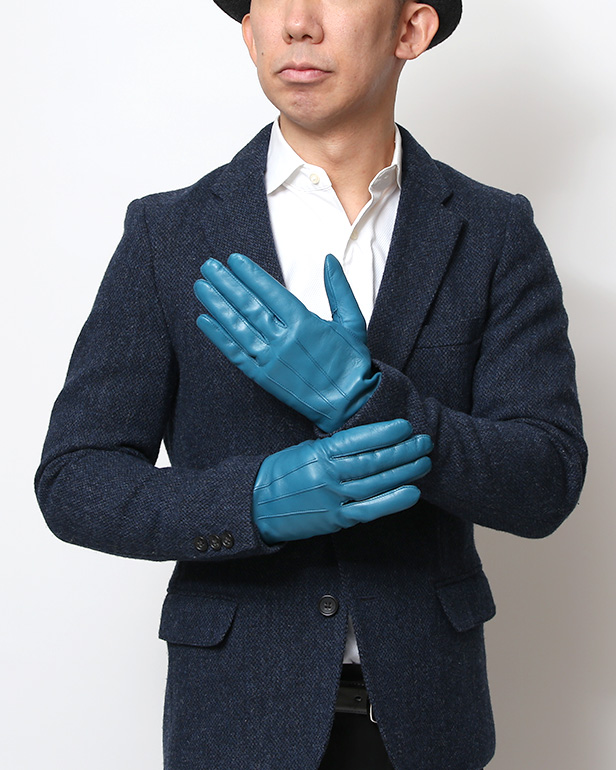 手袋 メンズ カシミヤ裏地 イタリア製仔羊革 国産 ブルー ネイビー 青色 本革 レザー グローブ 防寒 KURODA(クロダ)