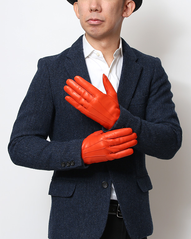 手袋 メンズ カシミヤ裏地 イタリア製仔羊革 国産 オレンジ 橙色 本革 レザー グローブ 防寒 KURODA(クロダ)