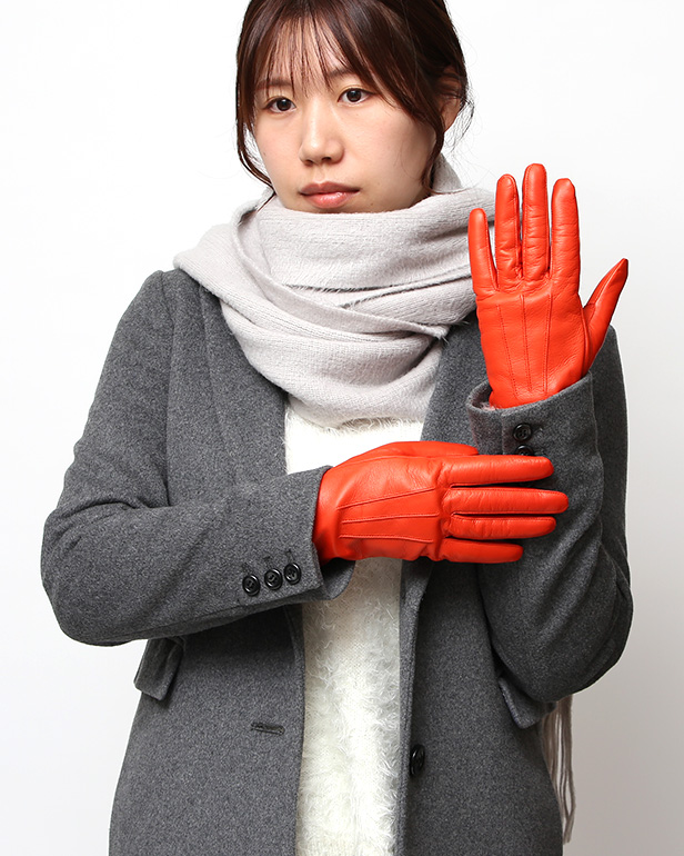 KURODA(クロダ) 革手袋 レディース カシミヤ裏地 オレンジ 橙色 防寒 グローブ 本革 レザー ウィメンズ 女性 通勤 スーツ ビジネス キレイめ 高級