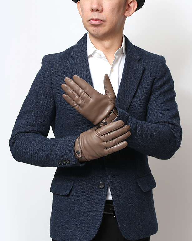 手袋 メンズ レザー スマホ対応 イタリーラム カシミヤ100％ 本革 グローブ 防寒 ベルト付き 革手袋 グレー グレイ 灰色 本革 グローブ ブランド ギフト クリスマス バレンタイン 男性用 高級 手袋 日本製 クロダ(KURODA)