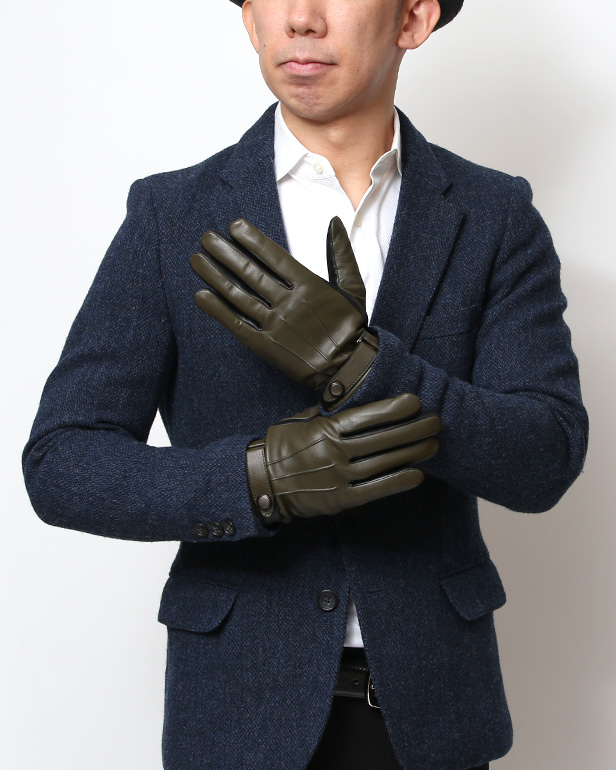 手袋 メンズ スマホ対応 レザーグローブ ベルト リブ付き タッチパネル 革手袋 防寒 冬 温かい てぶくろ グリーン 緑色 日本製 ブランド プレゼント ギフト 彼氏 旦那 男性 クリスマス バレンタイン 手袋 クロダ(KURODA)