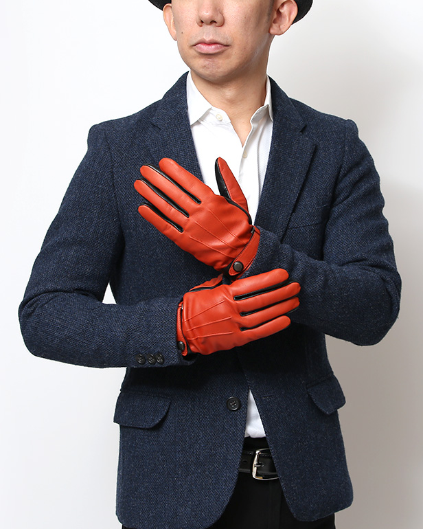 手袋 メンズ スマホ対応 レザーグローブ ベルト リブ付き タッチパネル 革手袋 防寒 冬 温かい てぶくろ オレンジ 橙色 日本製 ブランド プレゼント ギフト 彼氏 旦那 男性 クリスマス バレンタイン 手袋 クロダ(KURODA)