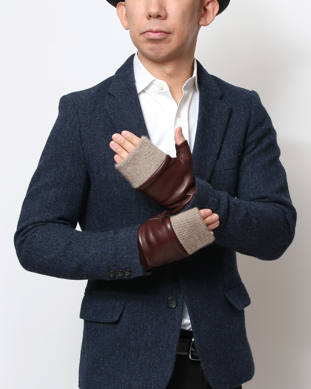 手袋 メンズ 本革 カシミヤ裏地 フィンガーレス 防寒 革手袋 日本製 ブランド ブラウン 茶 茶色 スマホ タッチパネル 操作可能 男性 通勤 ビジネス プレゼント 化粧箱付き おしゃれ 高級 KURODA(クロダ)