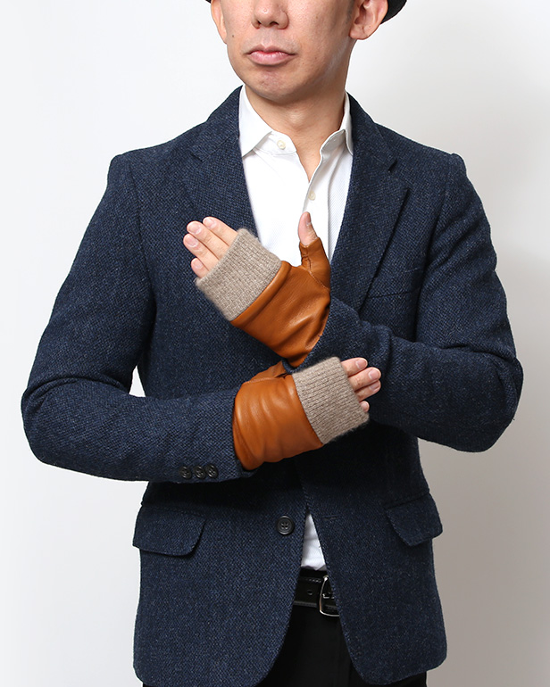 手袋 メンズ 本革 カシミヤ裏地 フィンガーレス 防寒 革手袋 日本製 ブランド キャメル ブラウン 茶 茶色 スマホ タッチパネル 操作可能 男性 通勤 ビジネス プレゼント 化粧箱付き おしゃれ 高級 KURODA(クロダ)