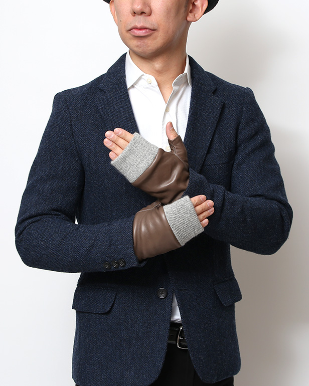 手袋 メンズ 本革 カシミヤ裏地 フィンガーレス 防寒 革手袋 日本製 ブランド グレー グレイ 灰色 スマホ タッチパネル 操作可能 男性 通勤 ビジネス プレゼント 化粧箱付き おしゃれ 高級 KURODA(クロダ)