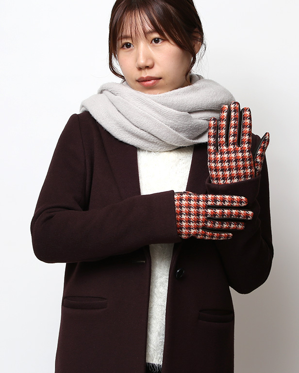 ハリスツイード 日本製 革手袋 レディース スマホ対応 化粧箱付き ブランド 防寒 本革 手袋 オレンジ 橙色 チクチクしない 暖かい タッチパネル 操作可能 プレゼント ギフト かわいい 女性 ビジネス 仕事 クリスマス KURODA(クロダ)