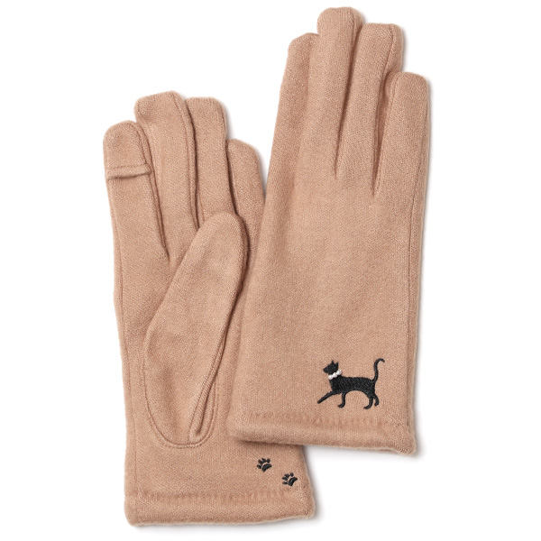 KURODA(クロダ) おさんぽねこ レディース 手袋 スマホ操作可能 キャメル ブラウン 茶 茶色 暖かい 裏起毛 防寒 猫 動物 アニマル キャラクター 刺繍 かわいい 暖かい 裏起毛 日本企画 ブランド タッチパネル スマートフォン