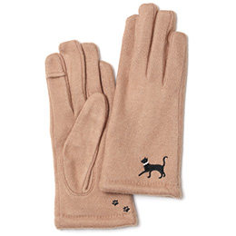 KURODA(クロダ) 起毛ジャージ マイクロボア裏地 スマホ操作可 おさんぽねこ 刺繍 レディース 手袋 キャメル