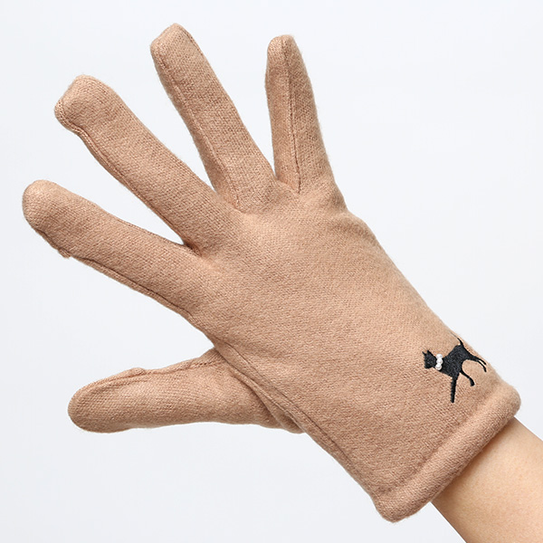 KURODA(クロダ) おさんぽねこ レディース 手袋 スマホ操作可能 キャメル ブラウン 茶 茶色 暖かい 裏起毛 防寒 猫 動物 アニマル キャラクター 刺繍 かわいい 暖かい 裏起毛 日本企画 ブランド タッチパネル スマートフォン