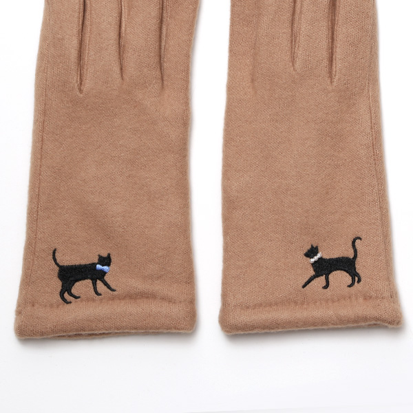 KURODA(クロダ) おさんぽねこ レディース 手袋 スマホ操作可能 キャメル ブラウン 茶 茶色 暖かい 裏起毛 防寒 猫 動物 アニマル キャラクター 刺繍 かわいい 暖かい 裏起毛 日本企画 ブランド タッチパネル スマートフォン