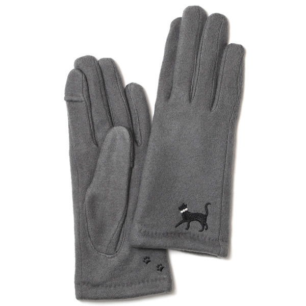  KURODA(クロダ) おさんぽねこ レディース 手袋 スマホ操作可能 グレー グレイ 灰色 暖かい 裏起毛 防寒 猫 動物 アニマル キャラクター 刺繍 かわいい 暖かい 裏起毛 日本企画 ブランド タッチパネル スマートフォン