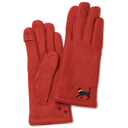 KURODA(クロダ) 起毛ジャージ マイクロボア裏地 スマホ操作可 おさんぽねこ 刺繍 レディース 手袋 レッド