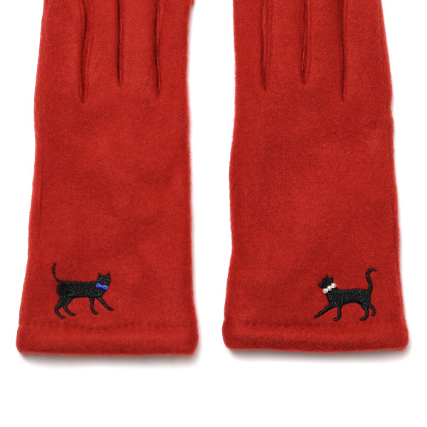  KURODA(クロダ) おさんぽねこ レディース 手袋 スマホ操作可能 レッド ワイン 赤色 暖かい 裏起毛 防寒 猫 動物 アニマル キャラクター 刺繍 かわいい 暖かい 裏起毛 日本企画 ブランド タッチパネル スマートフォン