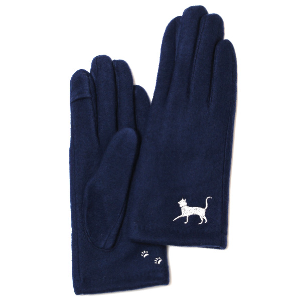  KURODA(クロダ) おさんぽねこ レディース 手袋 スマホ操作可能 ブルー ネイビー 青色 暖かい 裏起毛 防寒 猫 動物 アニマル キャラクター 刺繍 かわいい 暖かい 裏起毛 日本企画 ブランド タッチパネル スマートフォン