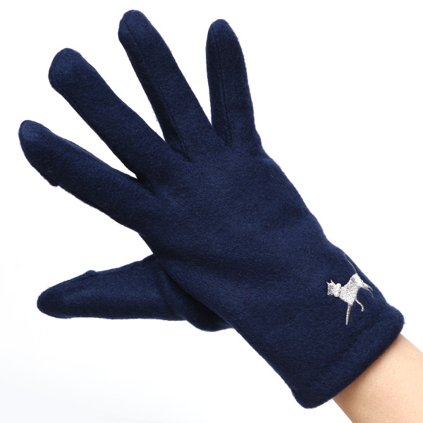  KURODA(クロダ) おさんぽねこ レディース 手袋 スマホ操作可能 ブルー ネイビー 青色 暖かい 裏起毛 防寒 猫 動物 アニマル キャラクター 刺繍 かわいい 暖かい 裏起毛 日本企画 ブランド タッチパネル スマートフォン