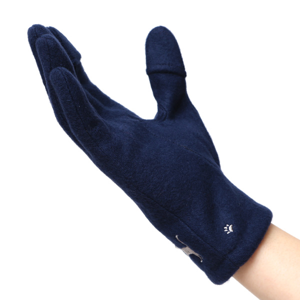  KURODA(クロダ) おさんぽねこ レディース 手袋 スマホ操作可能 ブルー ネイビー 青色 暖かい 裏起毛 防寒 猫 動物 アニマル キャラクター 刺繍 かわいい 暖かい 裏起毛 日本企画 ブランド タッチパネル スマートフォン
