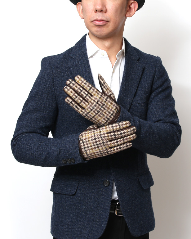 ハリスツイード 手袋 メンズ 防寒 暖かい 裏起毛 レザー 本革手袋 ブラウン 茶 茶色 日本製 ブランド 通勤 ビジネス クリスマス プレゼント ギフト 化粧箱付き おしゃれ 高級 KURODA(クロダ)