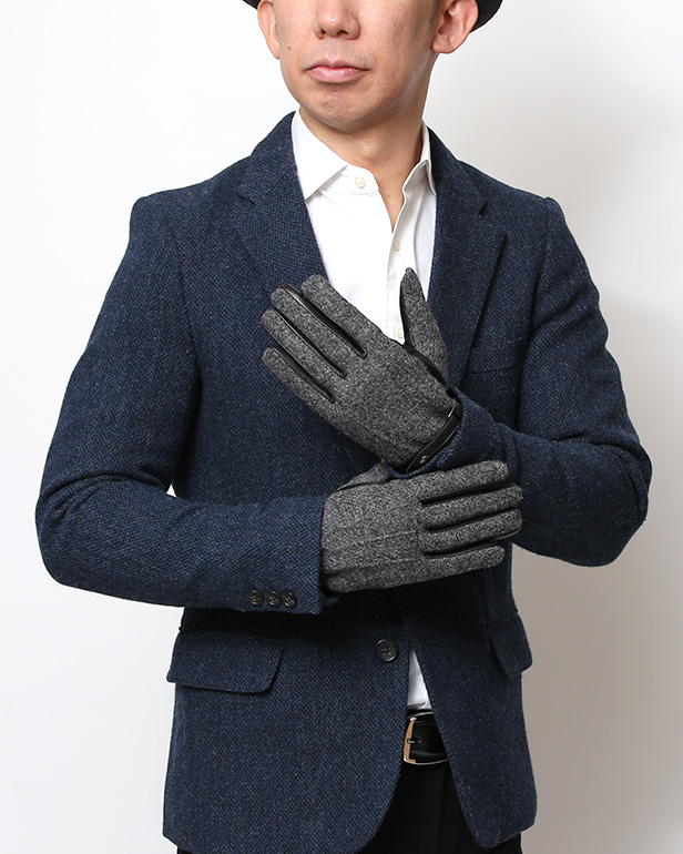 ハリスツイード 手袋 メンズ 防寒 暖かい 裏起毛 レザー 本革手袋 グレー グレイ 灰色 日本製 ブランド 通勤 ビジネス クリスマス プレゼント ギフト 化粧箱付き おしゃれ 高級 KURODA(クロダ)