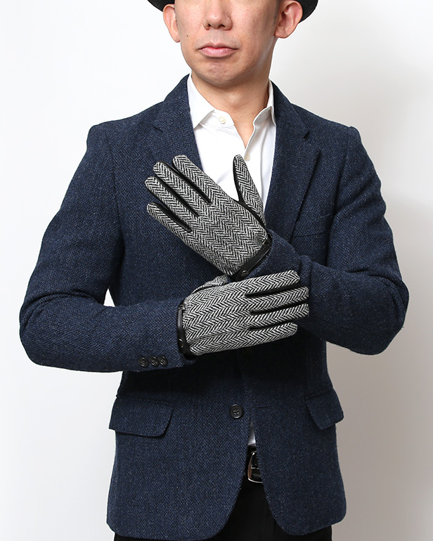 ハリスツイード 手袋 メンズ 防寒 暖かい 裏起毛 レザー 本革手袋 グレー グレイ 灰色 日本製 ブランド 通勤 ビジネス クリスマス プレゼント ギフト 化粧箱付き おしゃれ 高級 KURODA(クロダ)