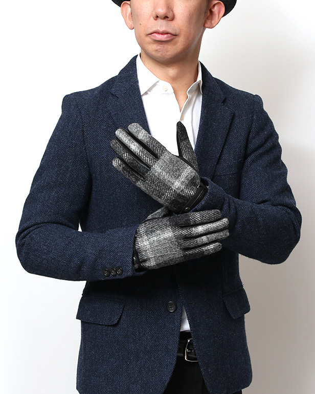 ハリスツイード 手袋 メンズ 防寒 暖かい 裏起毛 レザー 本革手袋 グレー グレイ 灰色 日本製 ブランド 通勤 ビジネス クリスマス プレゼント ギフト 化粧箱付き おしゃれ 高級 KURODA(クロダ)