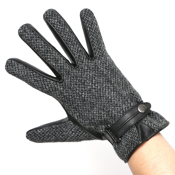 ハリスツイード 手袋 メンズ 防寒 暖かい 裏起毛 レザー 本革手袋 グレー グレイ 灰色 日本製 ブランド 通勤 ビジネス クリスマス プレゼント ギフト 化粧箱付き おしゃれ 高級 KURODA(クロダ)