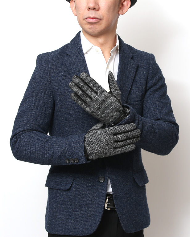 ハリスツイード 手袋 メンズ 防寒 暖かい 裏起毛 レザー 本革手袋 グレー グレイ 灰色 日本製 ブランド 通勤 ビジネス クリスマス プレゼント ギフト 化粧箱付き おしゃれ 高級 KURODA(クロダ)