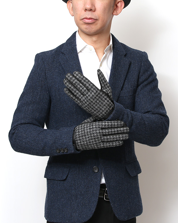 ハリスツイード 手袋 メンズ 防寒 暖かい 裏起毛 レザー 本革手袋 グレー グレイ 灰色 日本製 ブランド 通勤 ビジネス クリスマス プレゼント ギフト 化粧箱付き おしゃれ 高級 KURODA(クロダ)