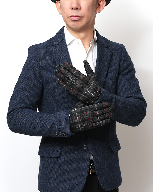 ハリスツイード 手袋 メンズ 防寒 暖かい 裏起毛 レザー 本革手袋 グレー グレイ 灰色 日本製 ブランド 通勤 ビジネス クリスマス プレゼント ギフト 化粧箱付き おしゃれ 高級 KURODA(クロダ)