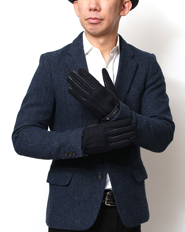 ハリスツイード 手袋 メンズ 防寒 暖かい 裏起毛 レザー 本革手袋 ブルー ネイビー 青色 日本製 ブランド 通勤 ビジネス クリスマス プレゼント ギフト 化粧箱付き おしゃれ 高級 KURODA(クロダ)