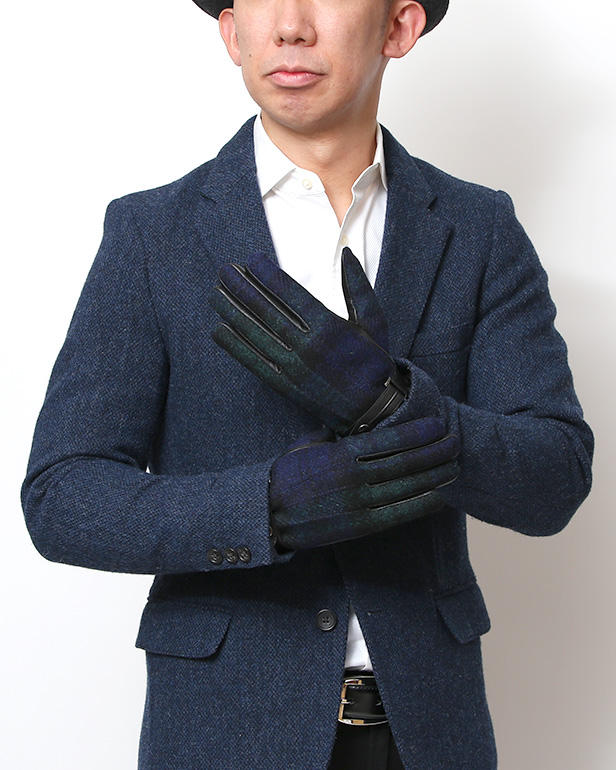 ハリスツイード 手袋 メンズ 防寒 暖かい 裏起毛 レザー 本革手袋 ブルー ネイビー 青色 日本製 ブランド 通勤 ビジネス クリスマス プレゼント ギフト 化粧箱付き おしゃれ 高級 KURODA(クロダ)
