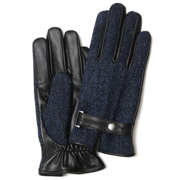 ハリスツイード 手袋 メンズ 防寒 暖かい 裏起毛 レザー 本革手袋 ブルー ネイビー 青色 日本製 ブランド 通勤 ビジネス クリスマス プレゼント ギフト 化粧箱付き おしゃれ 高級 KURODA(クロダ)