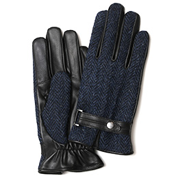 KURODA(クロダ) ハリスツイード スマホ操作可能 羊革 ベルト付き メンズ 本革手袋 ネイビー/ヘリンボーン