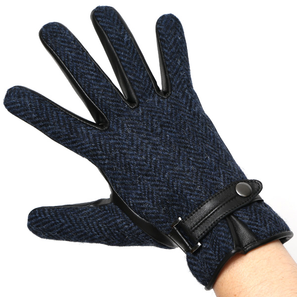 ハリスツイード 手袋 メンズ 防寒 暖かい 裏起毛 レザー 本革手袋 ブルー ネイビー 青色 日本製 ブランド 通勤 ビジネス クリスマス プレゼント ギフト 化粧箱付き おしゃれ 高級 KURODA(クロダ)