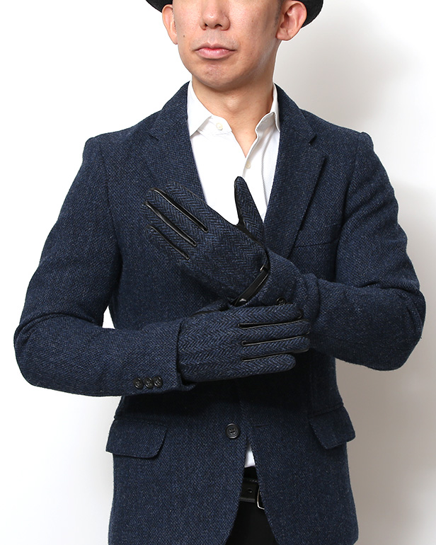 ハリスツイード 手袋 メンズ 防寒 暖かい 裏起毛 レザー 本革手袋 ブルー ネイビー 青色 日本製 ブランド 通勤 ビジネス クリスマス プレゼント ギフト 化粧箱付き おしゃれ 高級 KURODA(クロダ)