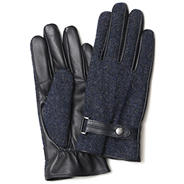 KURODA(クロダ) ハリスツイード スマホ操作可能 羊革 ベルト付き メンズ 本革手袋 ネイビー/ミックス