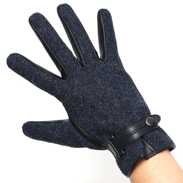  ハリスツイード 手袋 メンズ 防寒 暖かい 裏起毛 レザー 本革手袋 ブルー ネイビー 青色 日本製 ブランド 通勤 ビジネス クリスマス プレゼント ギフト 化粧箱付き おしゃれ 高級 KURODA(クロダ)