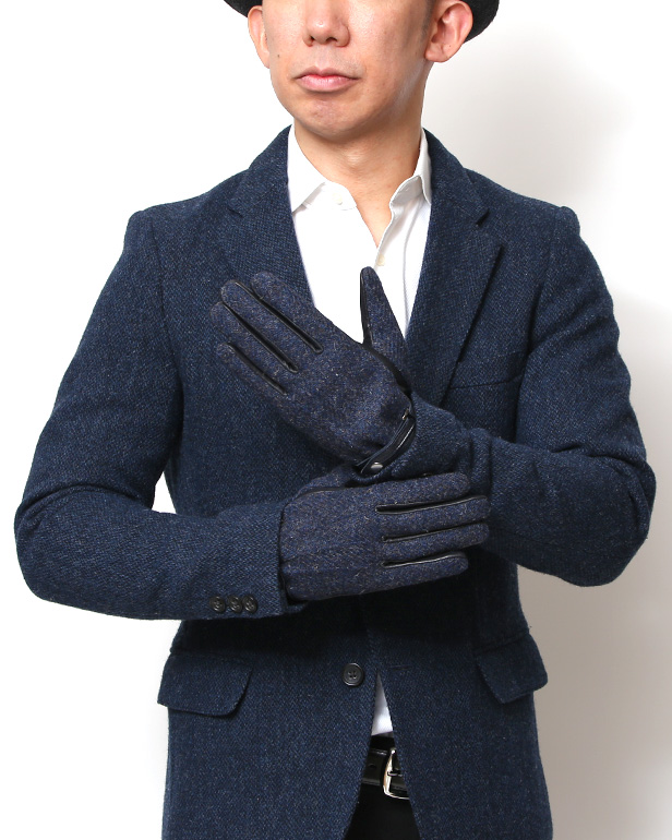 ハリスツイード 手袋 メンズ 防寒 暖かい 裏起毛 レザー 本革手袋 ブルー ネイビー 青色 日本製 ブランド 通勤 ビジネス クリスマス プレゼント ギフト 化粧箱付き おしゃれ 高級 KURODA(クロダ)