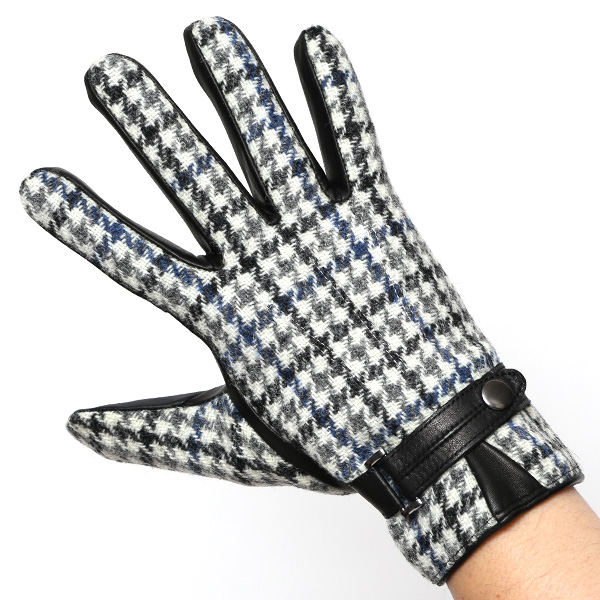 ハリスツイード 手袋 メンズ 防寒 暖かい 裏起毛 レザー 本革手袋 ブルー ネイビー 青色 日本製 ブランド 通勤 ビジネス クリスマス プレゼント ギフト 化粧箱付き おしゃれ 高級 KURODA(クロダ)