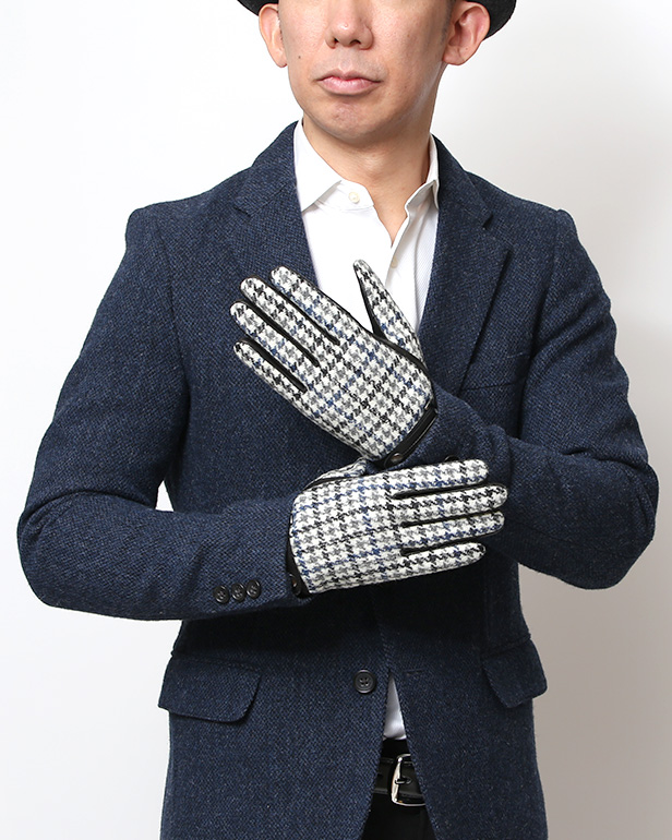 ハリスツイード 手袋 メンズ 防寒 暖かい 裏起毛 レザー 本革手袋 ブルー ネイビー 青色 日本製 ブランド 通勤 ビジネス クリスマス プレゼント ギフト 化粧箱付き おしゃれ 高級 KURODA(クロダ)