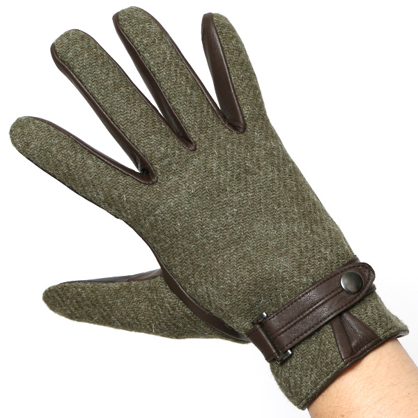 ハリスツイード 手袋 メンズ 防寒 暖かい 裏起毛 レザー 本革手袋 グリーン 緑色 日本製 ブランド 通勤 ビジネス クリスマス プレゼント ギフト 化粧箱付き おしゃれ 高級 KURODA(クロダ)