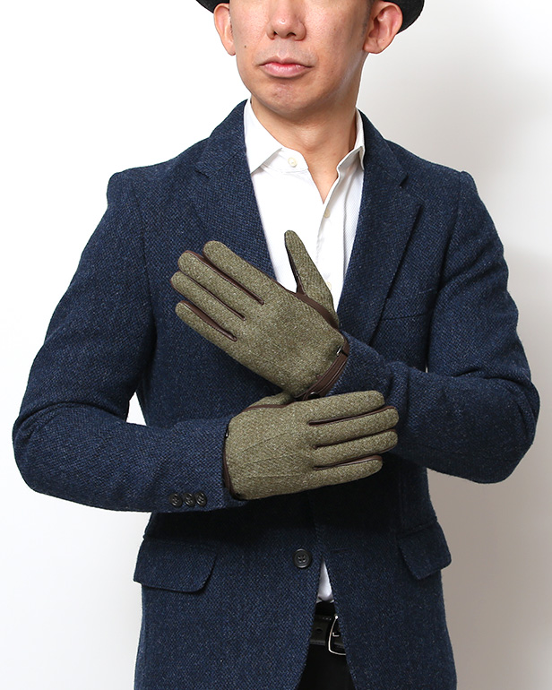 ハリスツイード 手袋 メンズ 防寒 暖かい 裏起毛 レザー 本革手袋 グリーン 緑色 日本製 ブランド 通勤 ビジネス クリスマス プレゼント ギフト 化粧箱付き おしゃれ 高級 KURODA(クロダ)