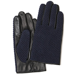 KURODA(クロダ) 鹿子編みニット 羊革 スマホ操作可能 メンズ 本革手袋 ネイビー