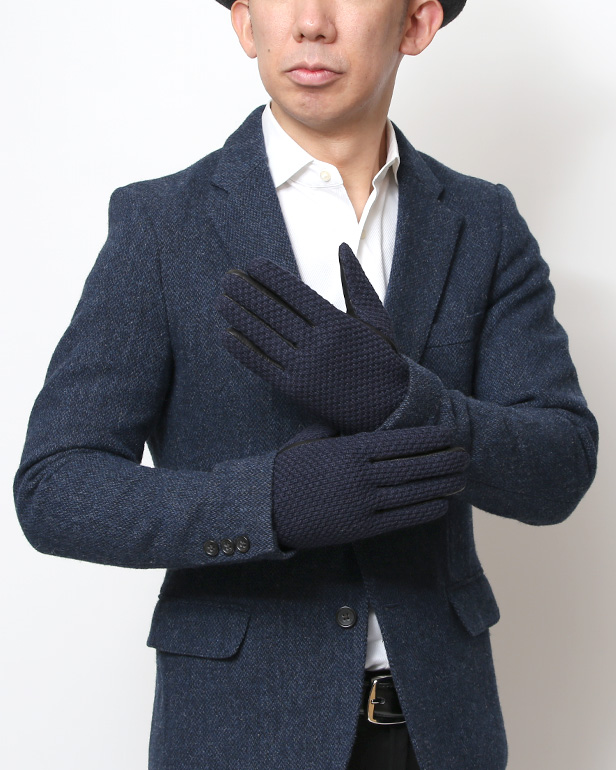 KURODA(クロダ) 革手袋 メンズ 鹿子編みニット×羊革 スマホ操作可能 本革 裏起毛 ブルー ネイビー 青色 30代 40代 50代 男性 仕事 通勤 ビジネス プレゼント 化粧箱付き おしゃれ 暖かい 高級 KURODA(クロダ)