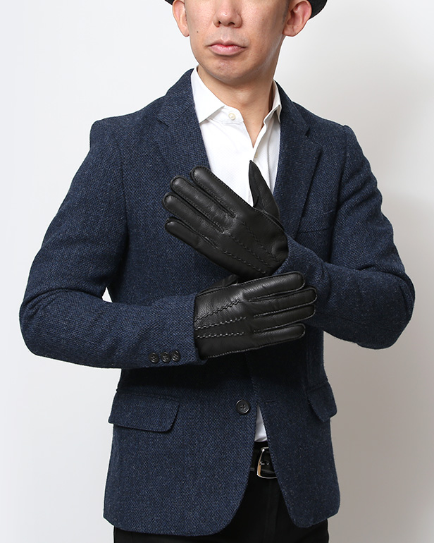 KURODA(クロダ) 鹿革 日本製 メンズ 革手袋 カシミヤ100％裏地 防寒 ブラック 黒 黒色 30代 40代 50代 60代 男性 プレゼント 暖かい 高級 ブランド ギフト 化粧箱付き